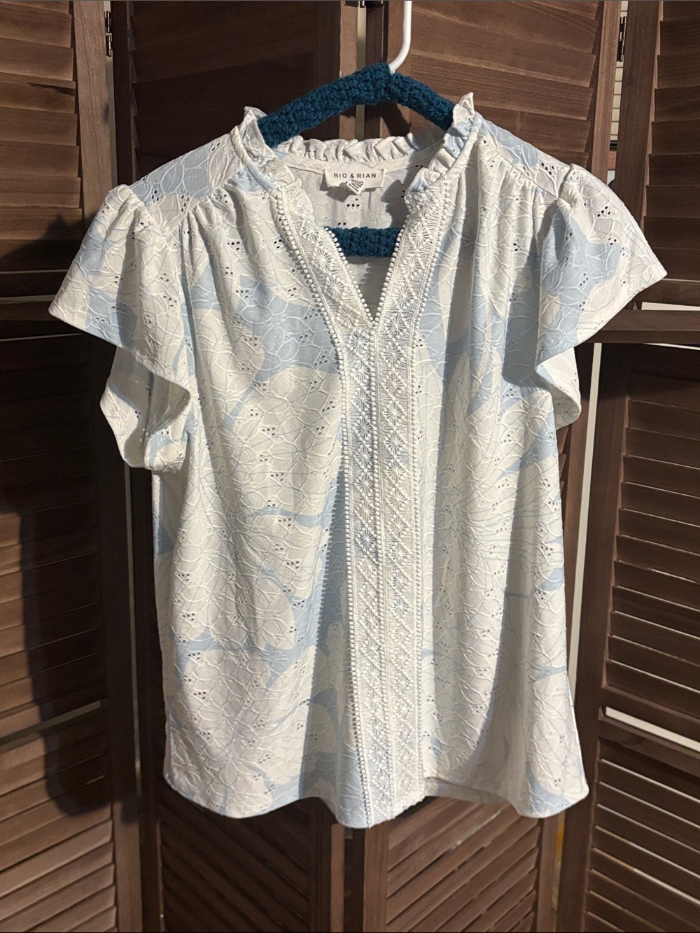 Blue and White Eyelet Flutter Sleeve Top
